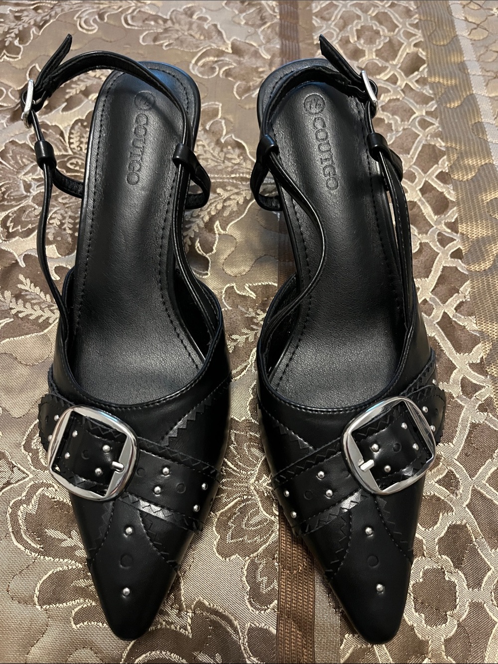 Coutgo Black Kitten heels Pointed Buckle Slingback Heels